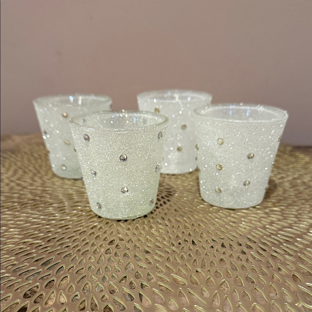 Sparkly White Glass Tealight Holders with Rhinestone Accents, Set of 4